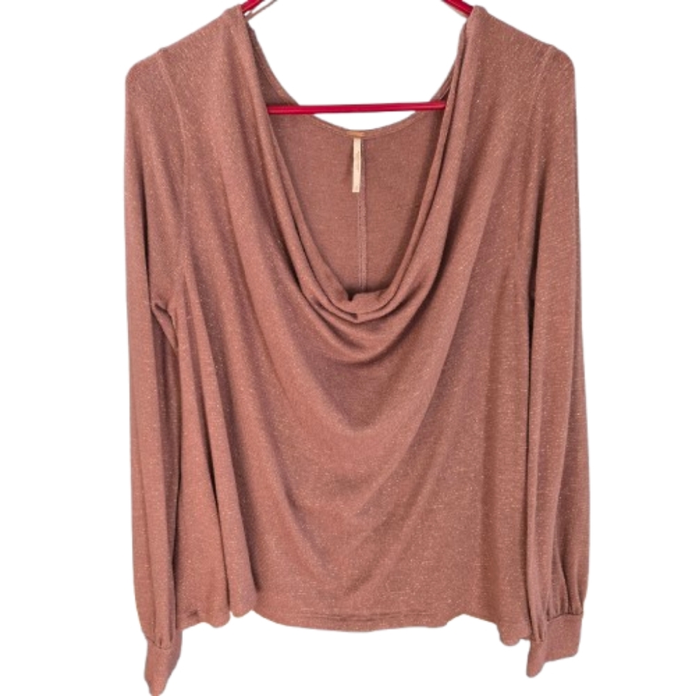 Free People Long Sleeved Metallic Draped Neck Blouse Size L